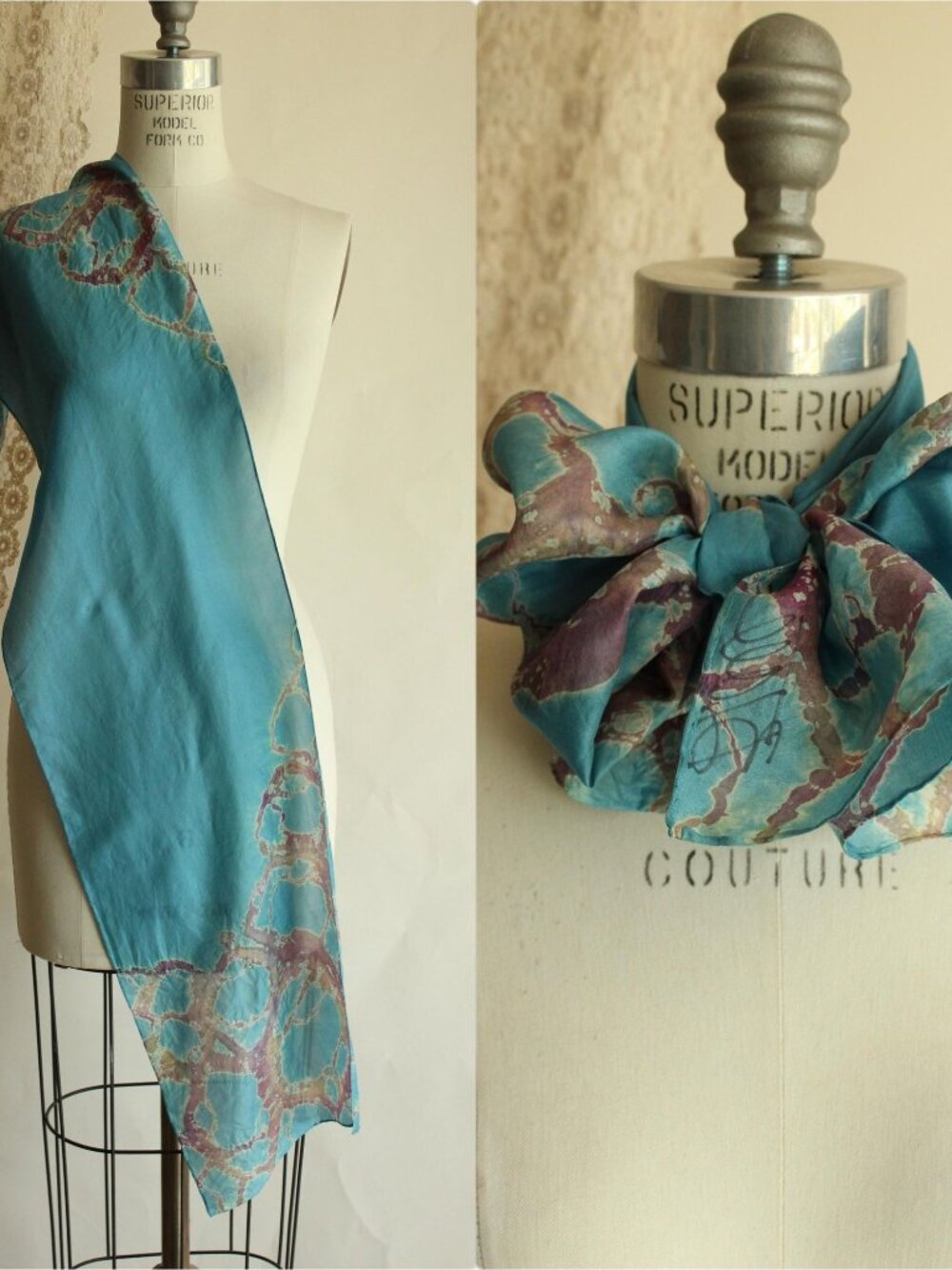 Vintage Silk Scarf, Artisan Made Blue and Purple Batik Print Rectangle Wrap